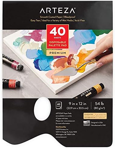 Arteza paleta za jednokratnu upotrebu papirna podloga, 9x12 inča, 40 bijelih listova, 54 lb, paleta boja