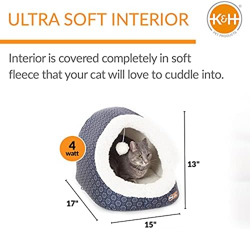 K& H proizvodi za kućne ljubimce termo-pećinski grijani krevet za mačke-siva / Geo cvijet 17 X 15 X 13 inča