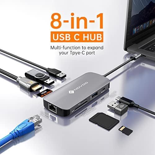 NOVOO 8 u 1 USB C Hub 4K@60Hz HDMI USB C Adapter sa Gigabit Ethernet priključnom stanicom sa 100w PD+podacima, SD / TF čitačem kartica, 3 USB-a 3.0 portovima za prenos podataka, za MacBook Pro, MacBook Air i više uređaja tipa C