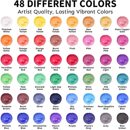 Set akrilnih boja, 48 boja sa 12 umjetničkih četkica, umjetničke potrepštine za farbanje platna, drvo, keramika & tkanina, bogati pigmenti trajni kvalitet za početnike, studente & amp; profesionalni umjetnik
