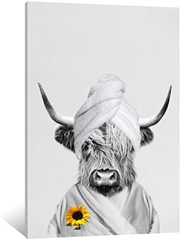 Hhgaoart Funny Highland Cow Wall Art u kadi, Humor životinje kupatilo slika crno-bijelo platno slikarstvo