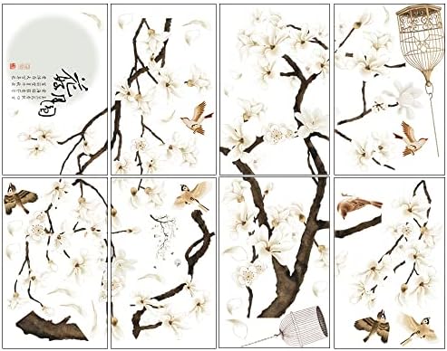 Amaonm Kineski stil bijelo cvijeće Crno drvo i leteće ptice zidne naljepnice uklonjive DIY zidni