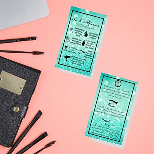 Teal Green Eyelash Efenzije kartice | 50 paketa | Dvostrana veličina 3,5 x 2 inča nakon nege | Upute za poslije utiče na teal Green Glitter Dizajn