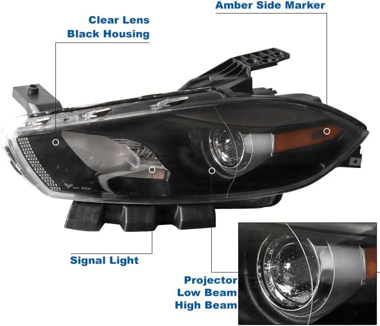 ZMAUTOPARTS projektor Crni farovi farovi sa 6 bijelim LED DRL svjetlima za 2013- Dodge Dart