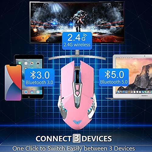 Ružičasti bežični miš, punjivi Bluetooth Gaming miše Multi uređaj sa bočnim gumbima, RGB LED pozadin, USB bežični