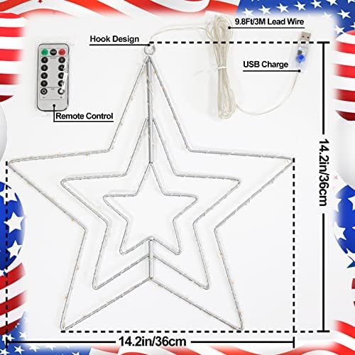 4th of July day Decorations Lights, 14.2 Inch američka zastava 3 Star prozorska svjetla Patriotski ukrasi sa