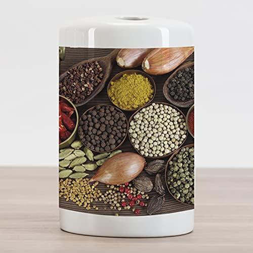 AMBESONNE Spice keramička držač četkica za zube, pogled na vrh bilja i tradicionalnih okusa u zdjelima i drvenim kašikama začina, ukrasna svestrana kontratona za kupaonicu, 4,5 x 2,7, višebojna