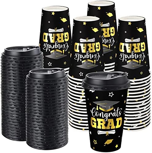 RTTERI 50 pakovanje 16 oz Diplomskih čaša za kafu s crnim kupolama Pokloni Čestitke GRAD papirnate čaše za vruće hladne pića za diplomiranje Dekoracije zaliha favorizira