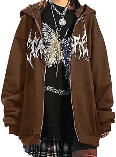 MissicIver ženske casual grafičkim ispisanim duksevima za preveliko zatvarače 90-ih E-Girl Streetwear Grunge jakna