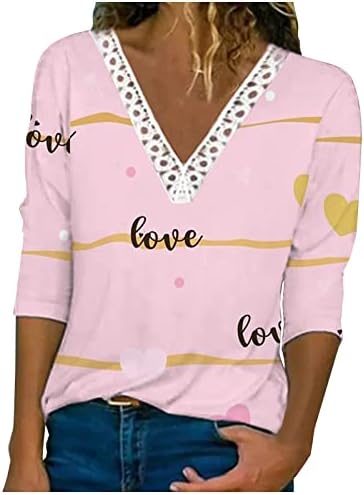 Valentinovo za ispis majica za žene Dressy Heart tiskani 3/4 rukava Tuntic The Trendy Crochet čipka pulover