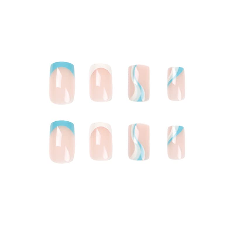 24 kom slatka presa u obliku kovčega na noktima, kratka dužina sa nebesko plavim vrtložnim francuskim dizajnom