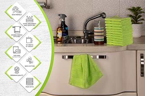 AKTI Premium pamučne krpe, pakovanje od 12, 13x13 inča, 520 GMS, izdržljivo, brzo sušenje & ekstra upijajuća tkanina za čišćenje za dom, Spa centar, Hotel ,kupatilo & amp; kuhinjske oštre zelene krpe za pranje