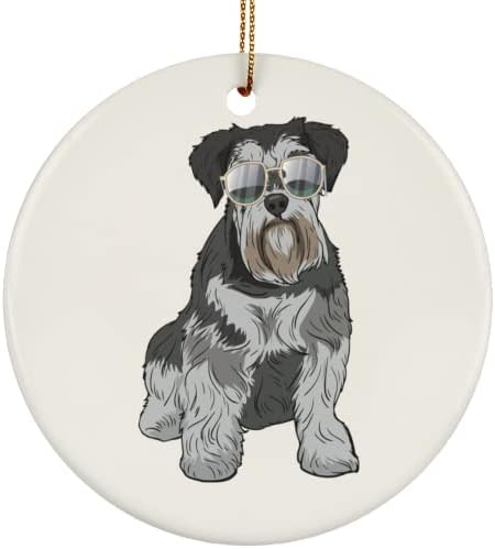 Minijaturni šnaucer keramički ukrasi za pse, Božićni ukrasi sa Sam tamno sivi pas ima sjajne karirane naočare za sunce štampane na keramičkim ukrasima, pokloni za ljubitelje pasa Pakovanje 2