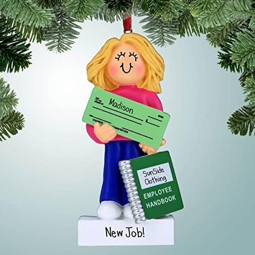 PersonalizedFree.com novi posao držanja čeka - ženska plava kosa - personalizirani Božićni ukras - promocija