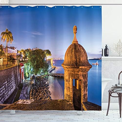 Lunarble Portoriko tuš zavjesa, obala u Paseo de la Princesa Retro stil arhitektonski elementi Fotografije, tkanina od tkanine Kupatilo Dekor sa kukama, 69 Š x 70 L, višebojni