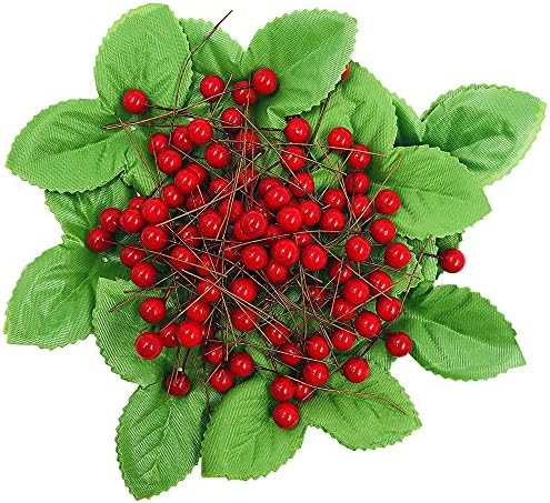 Yucool Božićne umjetne crvene bobice sa zelenim lišćem, 100 komada mini bobica dekor sa 100 kom zeleno lišće za božićno ukrašavanje drveća Cvjetni kockice Diy Dekor