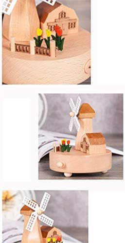 Xjjzs New Romantic Windmill Music Box Drveni rotirajuća muzička kutija zanat retro ureza za kuću Dječje igračke