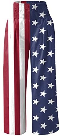 4. jula posteljina široke pantalone za noge za žene USA zastava elastične rukene visoke struke široke nogave hlače sa džepovima Palazzo hlače
