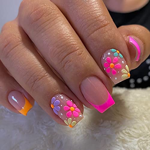 Flower Press na noktima Square lažni nokti francuski vrh boja cvijet lažni nokti s dizajnom Nude Pink akril