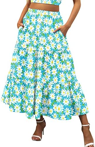 Pleted Flowy Midi suknje za žene Casual Ljetni Boho suknje s džepovima Cvjetna duga suknja High Sheik Swing A-line suknja