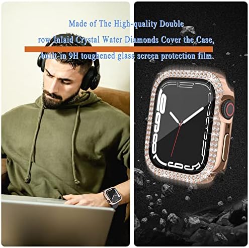 2 pakovanje Glitter Watch Case Bling ekran Zaštitnik zaslona 45 mm Kućišta za Apple Watch Series 7, futrola s dijamantnim kristalnim kalemiranim staklom pokriva puni zaštitni branik za iWatch