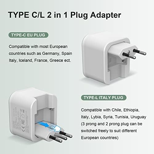 Evropski putni Adapter sklopivi Međunarodni Adapter za napajanje sa USB-C, Tip C/L 2 u 1 pretvarač
