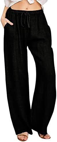 Ženske široke posteljine pamučne hlače za pamučne hlače Ljetne casual palazzo hlače visoke elastične struke