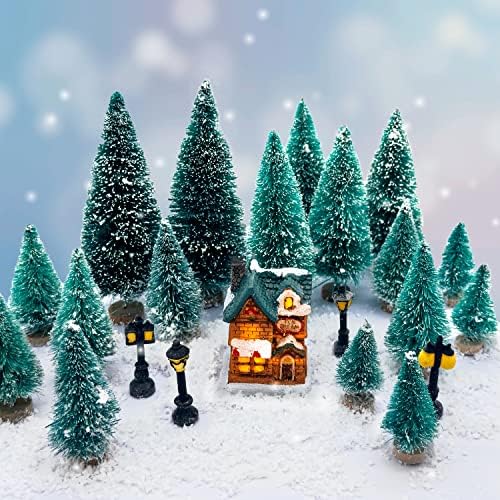 26pc Mini božićni borovi drveća umjetna snježna stabla za mraz sa seoskom kućom Santa Sack Elk i mini