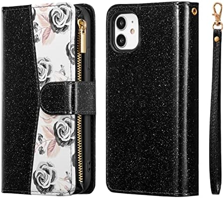 UEEBAI torbica za novčanik za iPhone 11 6.1 inch, Glitter PU kožna magnetna torbica za zatvaranje džepna torbica sa zatvaračem za držač kartica sa ručnom trakom TPU preklopni poklopac otporan na udarce-Bling Black