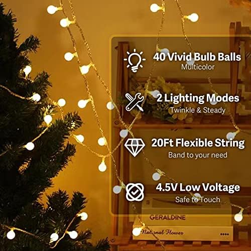 ITICDECOR Globe String Light baterija upravljana 40 LED zatvorenim žicama Svjetla Spavaća lampica Vodootporna viseća svjetla za vanjsku, vrt, božićno drvce, kampiranje, vjenčanje, zabava