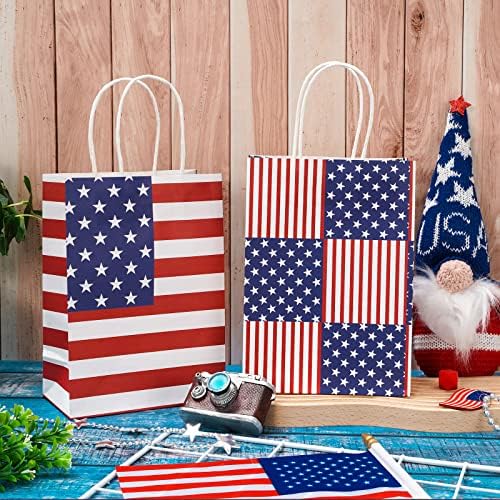 AnyDesign Patriotske papirne kese sa ručkom Stars Stripes torbe za poklon poslastice 4. jula američka