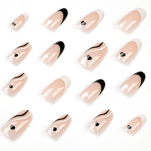 24 kom presa na noktima srednji, lažni nokti u obliku badema sa dizajnom srca, crno bijeli francuski vrtložni umjetni nokti s dizajnom akrilni nokti ljepilo na noktima za žene i djevojčice