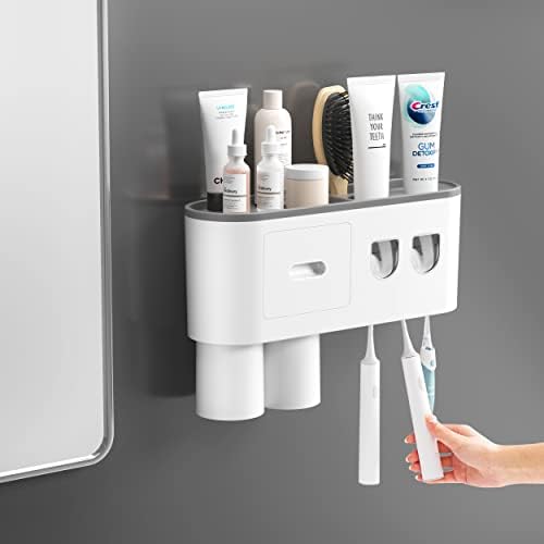 Zidni nosač četkica za zube montiran za kupaonice, 2 šalice kupatila za četkicu za zube Organizator zubnih četkica za zube sa skladištem, 2 puštanja za zube, 6 utora za četkicu i 1 utora za četkicu i 1 kozmetička ladica