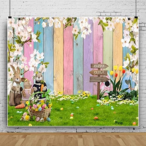 ChloropLastid Happy Easter Backdrop Lovely Bunny Carrot Easter Eggs Backdrop Spring White Floral Backdrop Wood Wall Green Grassland Photography Background 10x8ft Photo Booth Studio rekviziti