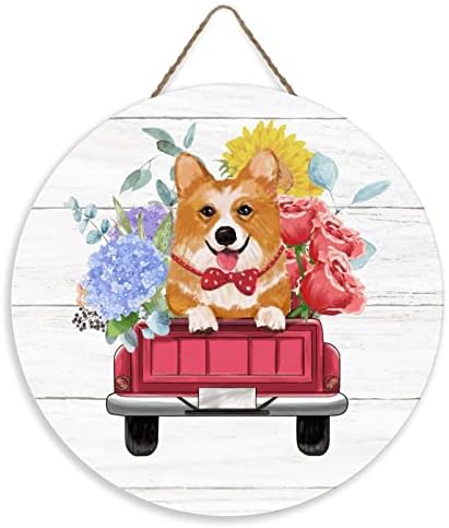 Seoska kuća urednica Corgi na crvenom kamionu suncokret Rose Funny Dog Životinjski ljubimac PET Zidni dekor