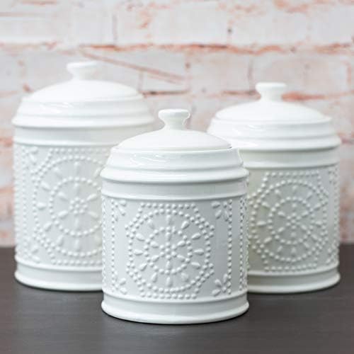 Prešani Limeni Izgled Bijeli 10 x 7 sjajni keramički kanisteri za skladištenje hrane Set od 3
