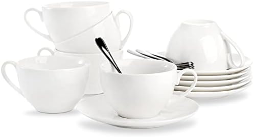 Foraineam šalice espresso sa tanjurima i kašikama, 6 oz bijelog čajnog kupa, porculanska čaša za kafu i tanjure sa kašikom od nehrđajućeg čelika za posebna kafa pića, Latte, kafe mocha i čaj od 6