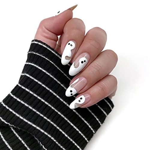YOSOMK Halloween Srednja presa na noktima Nude okrugli lažni nokti sa slatkim duhom dizajn Full Cover sjajni štap na noktima akril veštačko lepilo na noktima za žene