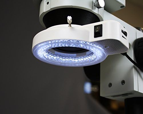 Vision Scientific VS-7F-IFR07 Simul-fokalni Trinokularni Zoom Stereo mikroskop, 10x široko polje okular, 0.7 X—4.5 x opseg Zuma, 7x-45x opseg uvećanja, Artikulaciono postolje Stezaljke za ruku, 144-LED prstenasto svjetlo
