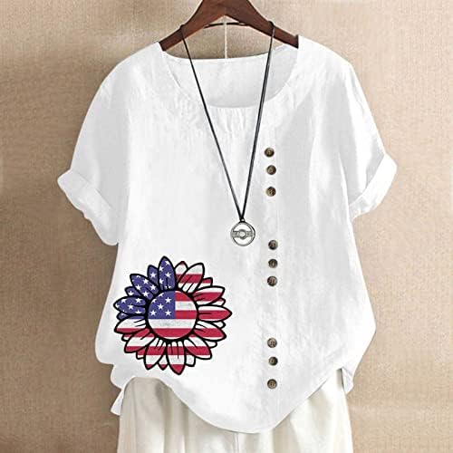 Ženske pamučne platnene majice SAD Zastava suncokret Tops 4. jula bluze Dan nezavisnosti majica slatka dugmad